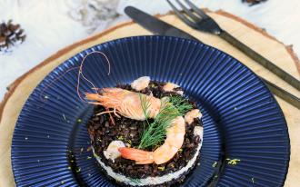 Médaillons de riz noir Venere aux crevettes et au crabe