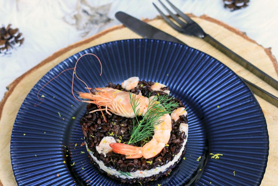 Médaillons de riz noir Venere aux crevettes et au crabe