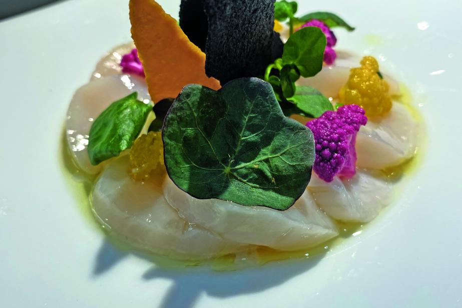 Noix de Saint-Jacques marinées à cru, chou-fleur et pickles