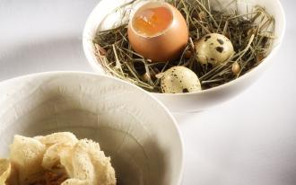 Œuf fermier, champignons des bois, éclats de noix, parmesan