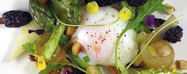 Œuf dit parfait, salade d’asperges vertes aux morilles