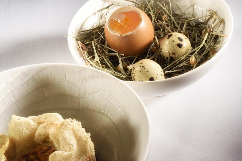 Œuf fermier, champignons des bois, éclats de noix, parmesan