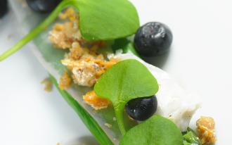 Asperges vertes assaisonnées de lard de Colonnata, œuf mollet à la moutarde de noisettes avec myrtilles «pickles»  etcrumble de noisette