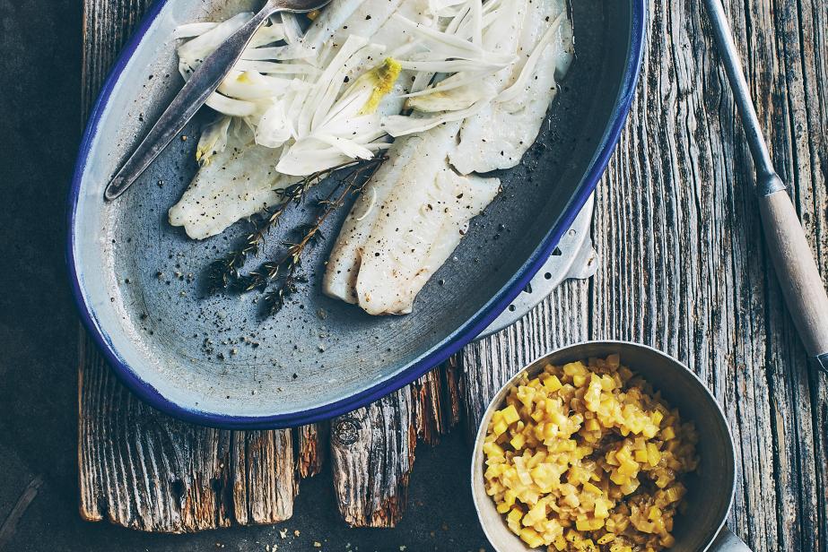 Lieu jaune fenouil safrané, crumble de sarrasin